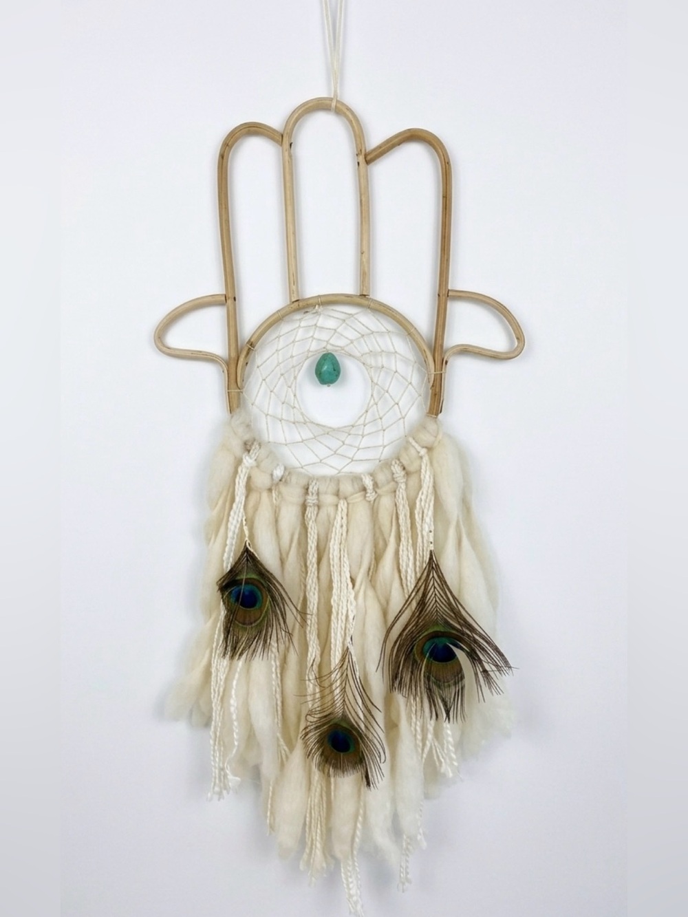 Boho Hamsa Dreamcatcher Wall Hanging in Cream with Teal Stone
